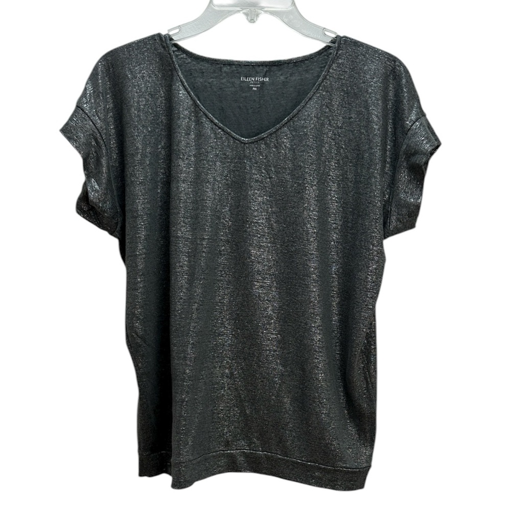 Eileen Fisher Metallic‎ Silver 100% Linen VNeck Top MP Short Sleeve